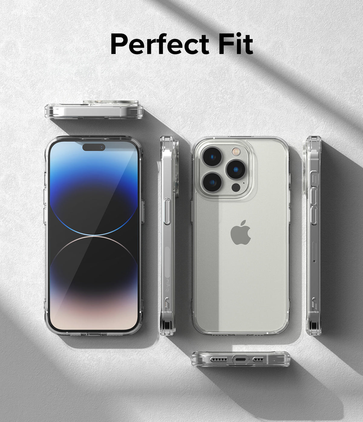 iPhone 14 Pro Max Case | Fusion - Clear phone case shown from multiple angles on a textured gray background.