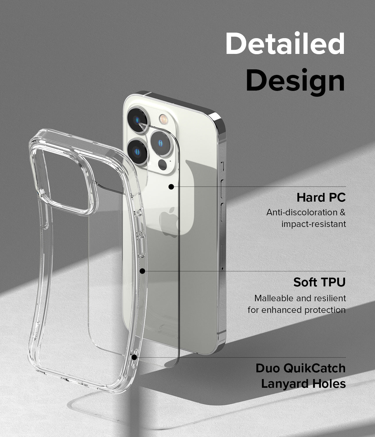 iPhone 14 Pro Max Case | Fusion - Clear phone case with labels highlighting hard PC, soft TPU, and lanyard holes.