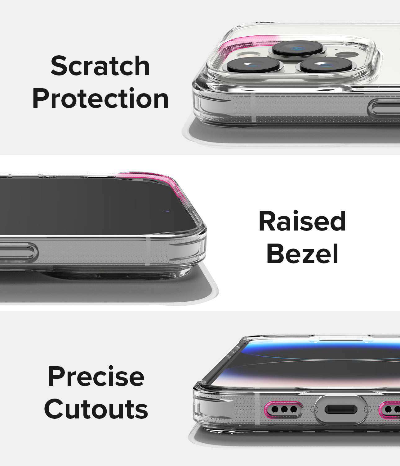 iPhone 14 Pro Max Case | Fusion - Close-ups of clear phone case showing camera protection, raised screen bezel, and port cutouts.