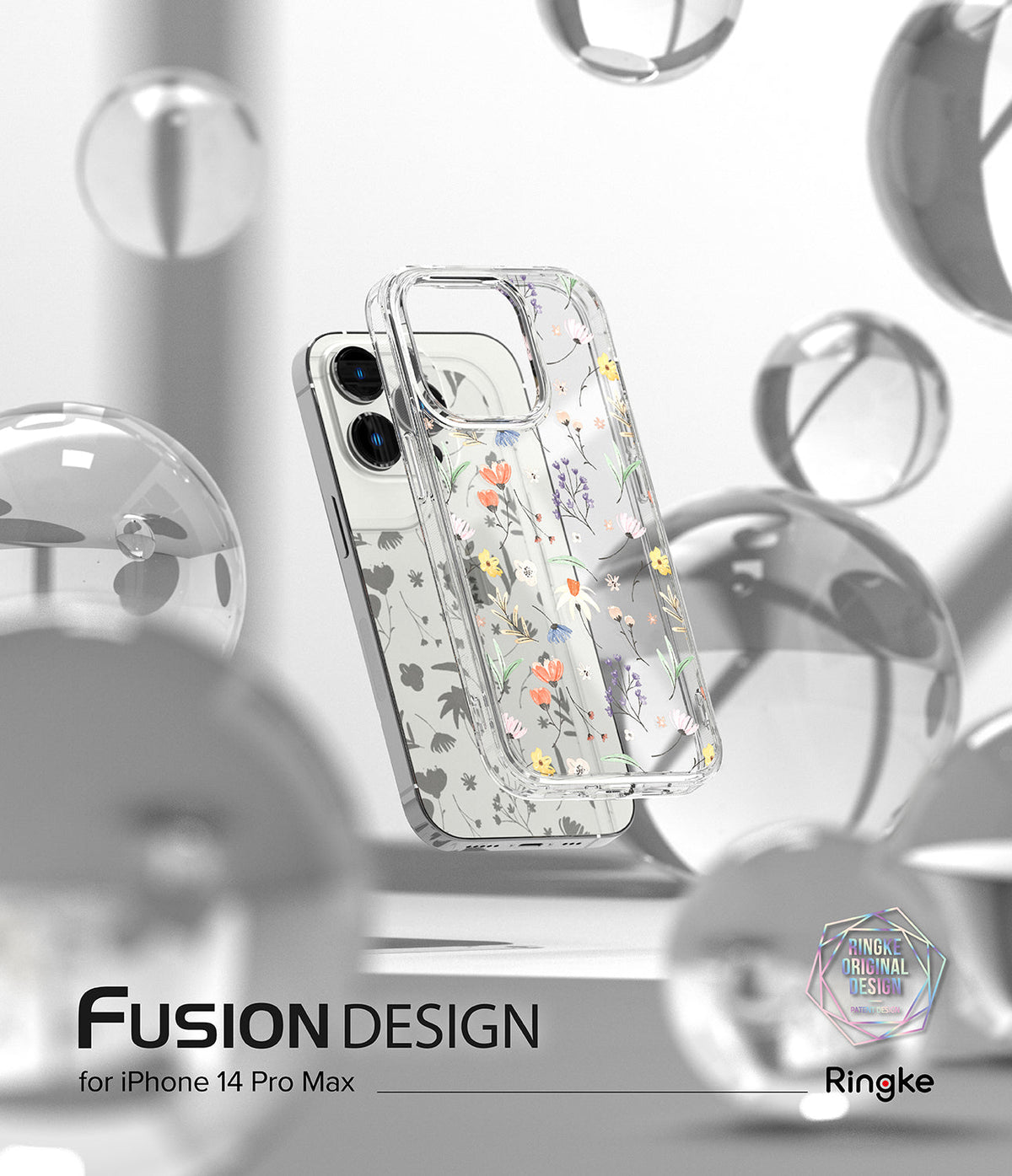 iPhone 14 Pro Max Case | Fusion Design - Clear phone case with delicate wildflower print floating among glass spheres.