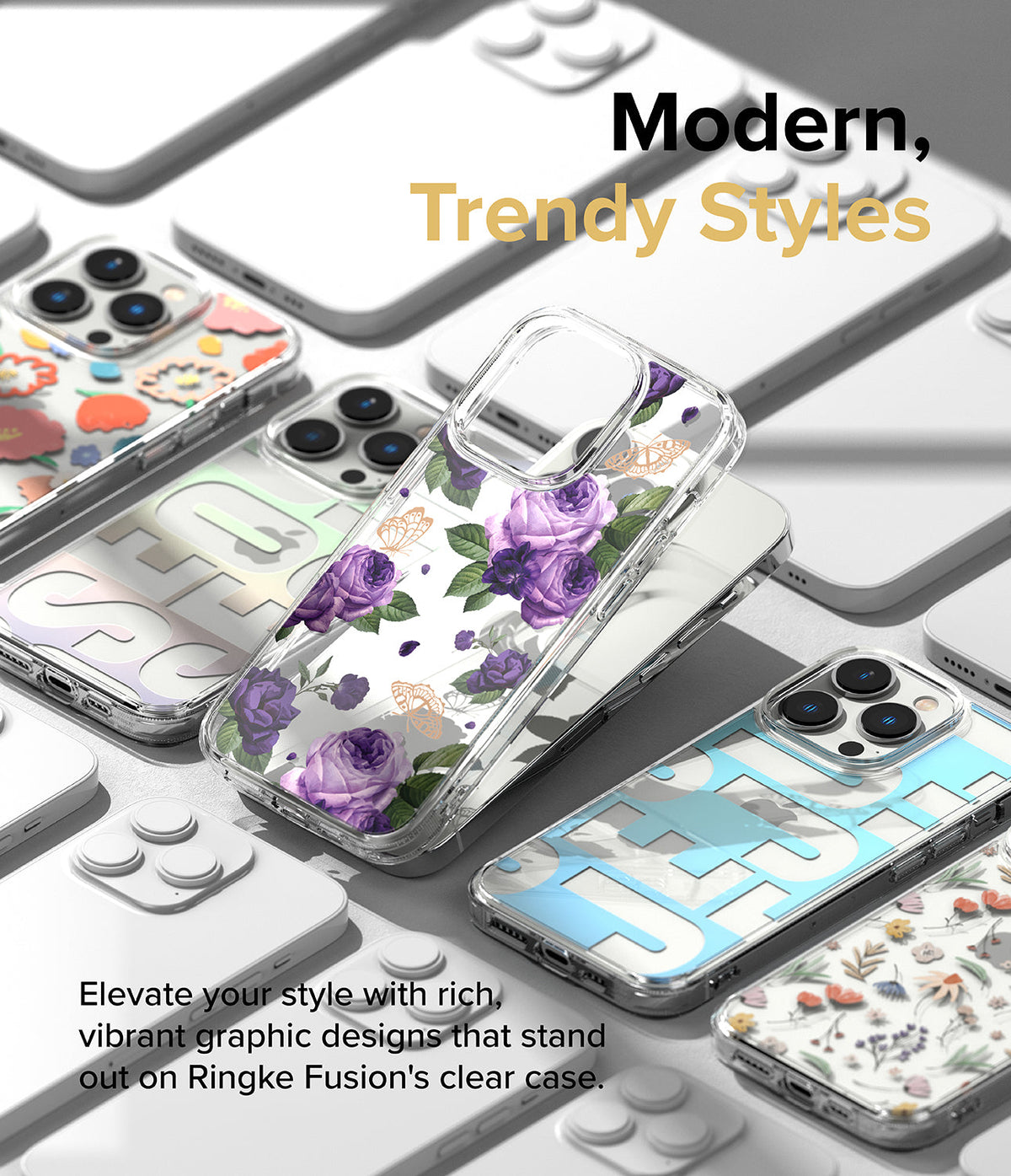 iPhone 14 Pro Max Case | Fusion Design - Clear phone cases with floral and graphic patterns displayed on white devices.