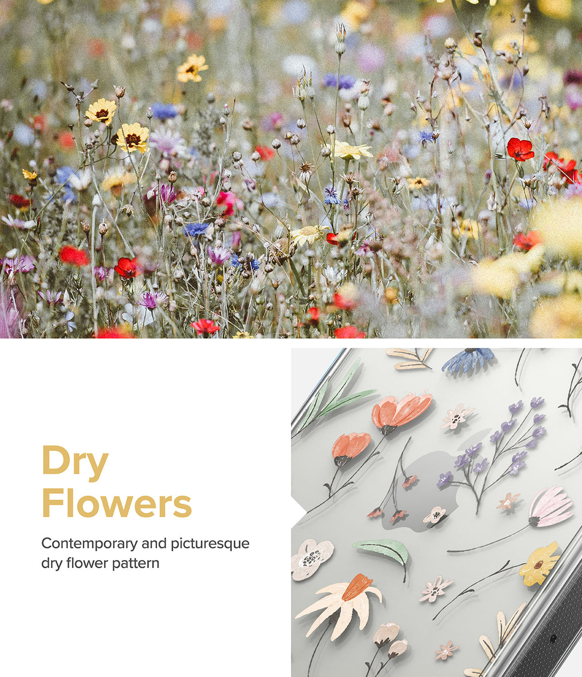 iPhone 14 Pro Max Case | Fusion Design - A field of wildflowers above a clear phone case with a delicate floral print.