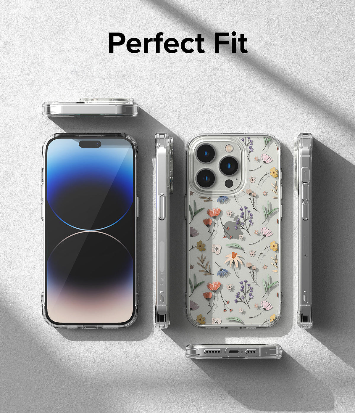 iPhone 14 Pro Max Case | Fusion Design - Clear phone case with floral pattern shown from multiple angles on gray background.