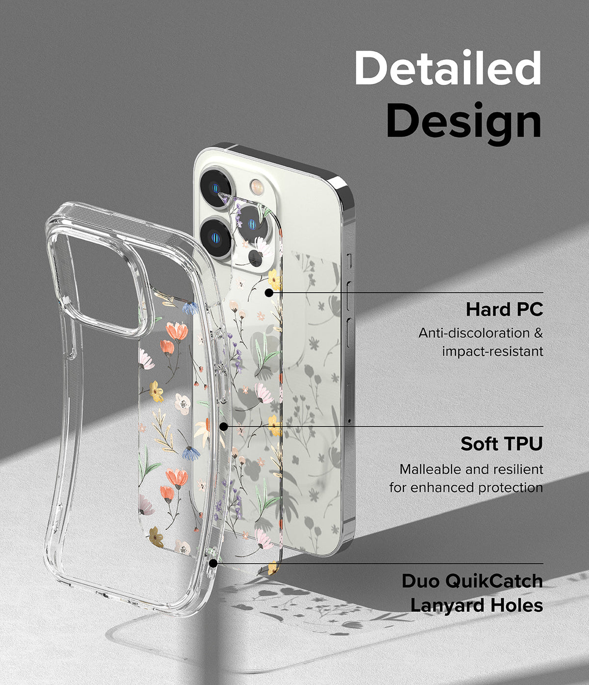 iPhone 14 Pro Max Case | Fusion Design - Clear floral phone case showing hard PC, soft TPU, and lanyard hole features.