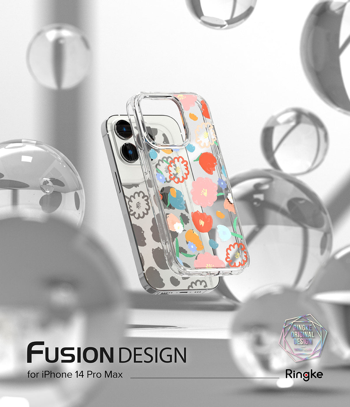 iPhone 14 Pro Max Case | Fusion Design - Clear phone case with colorful floral patterns floating among glass spheres.