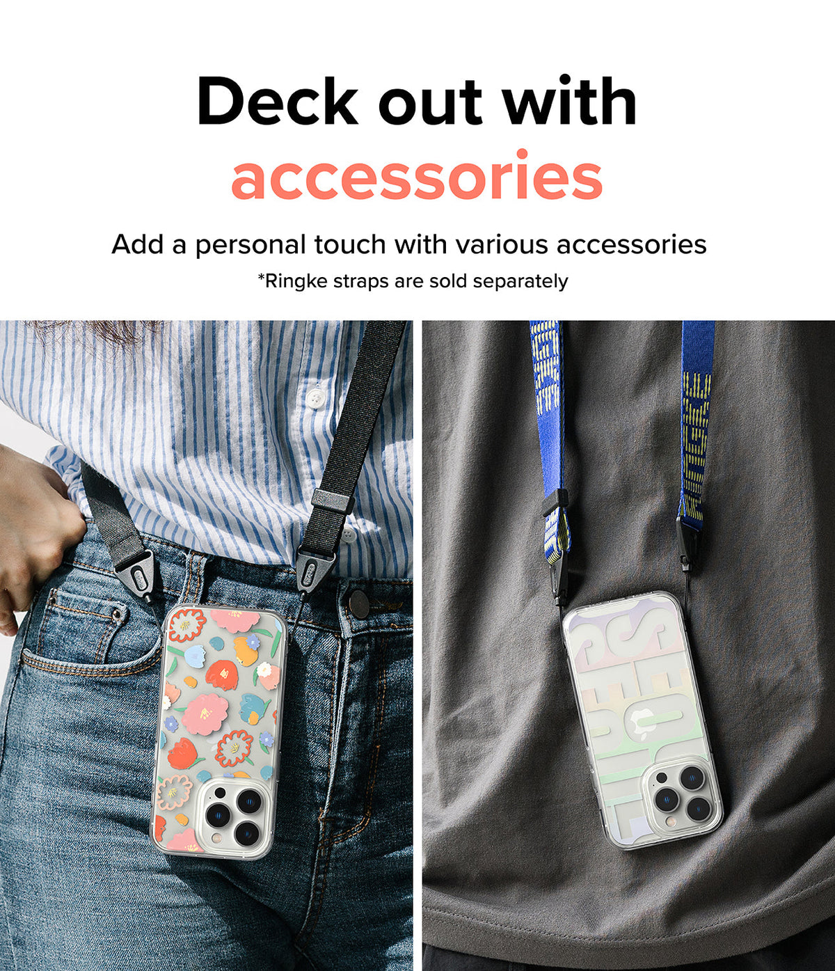 iPhone 14 Pro Max Case | Fusion Design - Two iPhone cases with floral and text designs hanging from colorful straps.