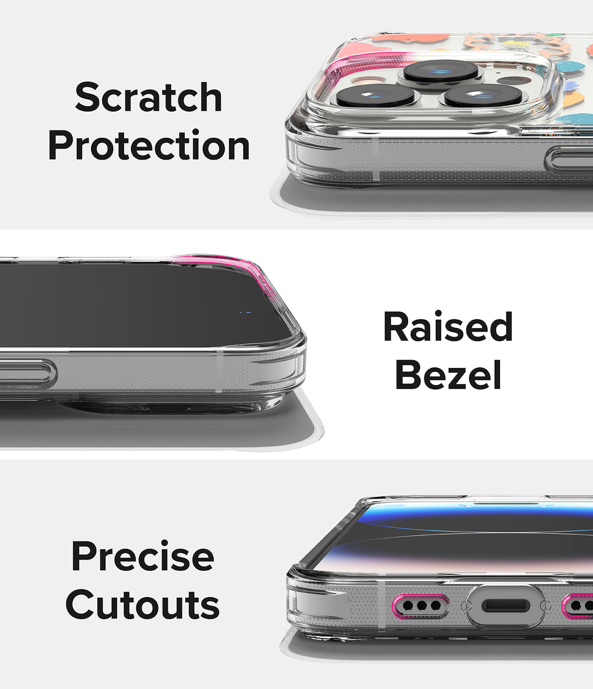 iPhone 14 Pro Max Case | Fusion Design - Close-ups of a clear phone case highlighting camera protection, raised screen bezels, and precise port cutouts.