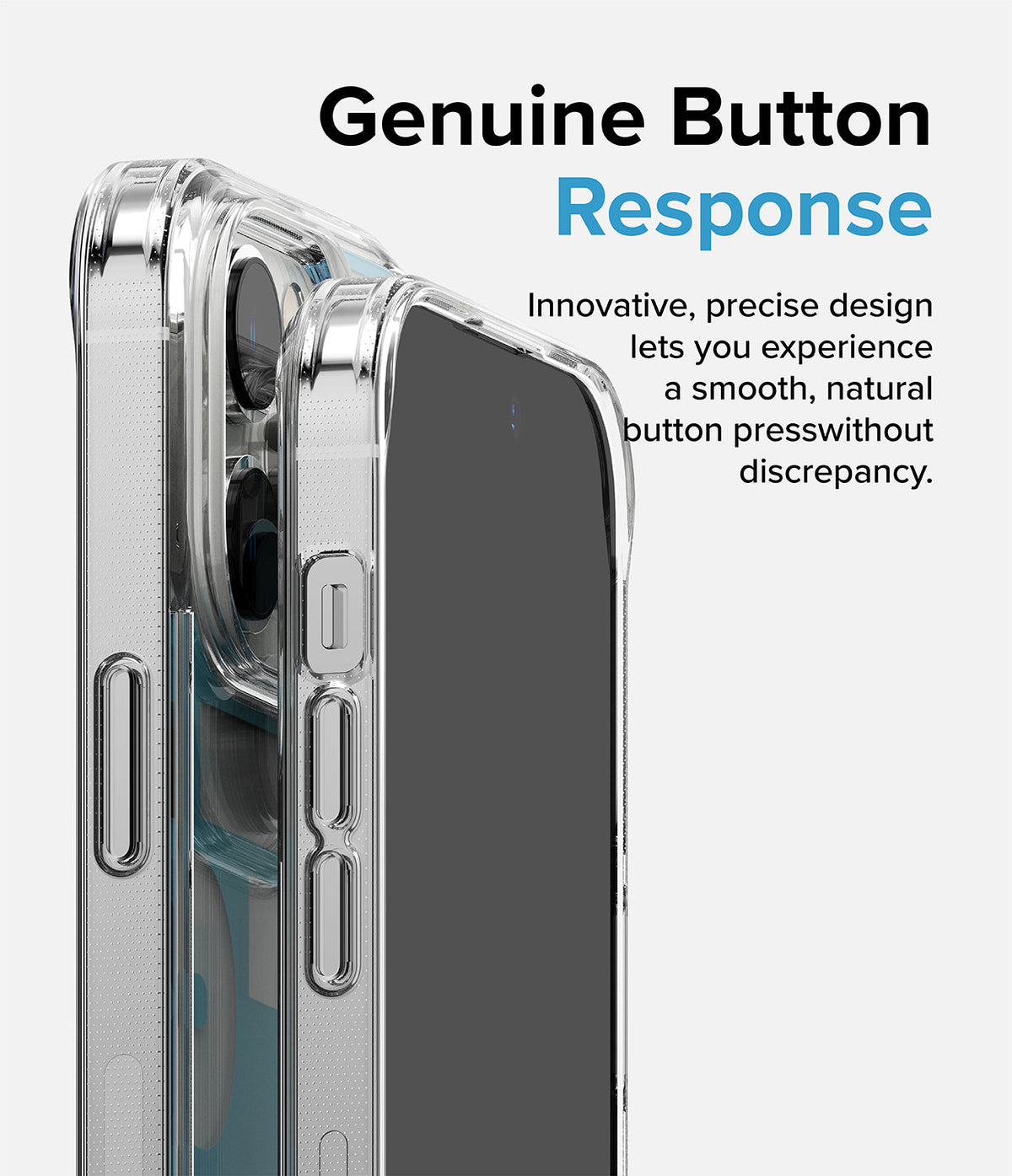iPhone 14 Pro Max Case | Fusion Design - Close-up of a clear phone case highlighting responsive, tactile side buttons.