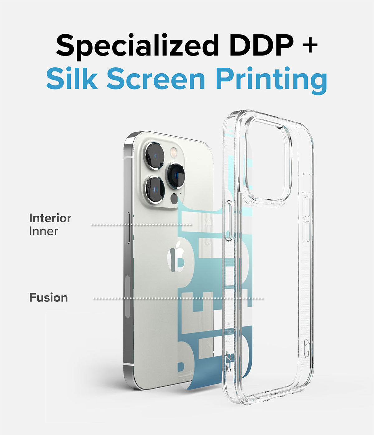 iPhone 14 Pro Max Case | Fusion Design - Diagram showing DDP and silk screen printing layers on a clear phone case.