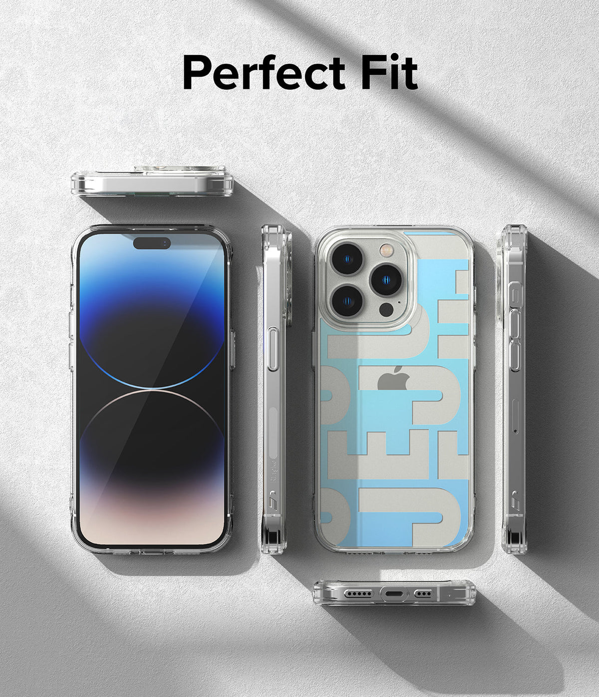 iPhone 14 Pro Max Case | Fusion Design - Clear phone case with blue graphic text shown from front, back, and side angles.