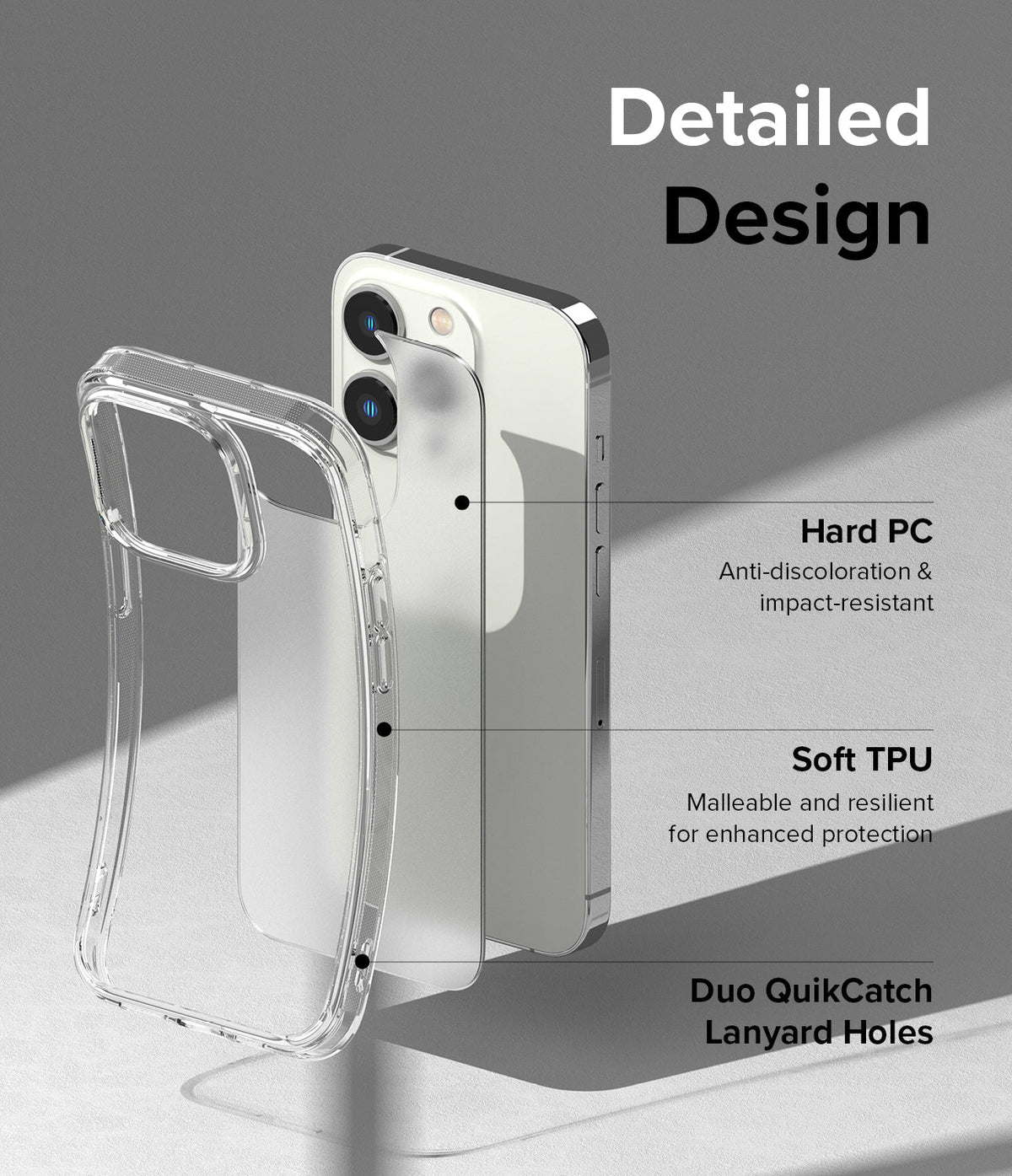 iPhone 14 Pro Max Case | Fusion Matte - Exploded view of a clear phone case highlighting hard PC, soft TPU, and lanyard holes.