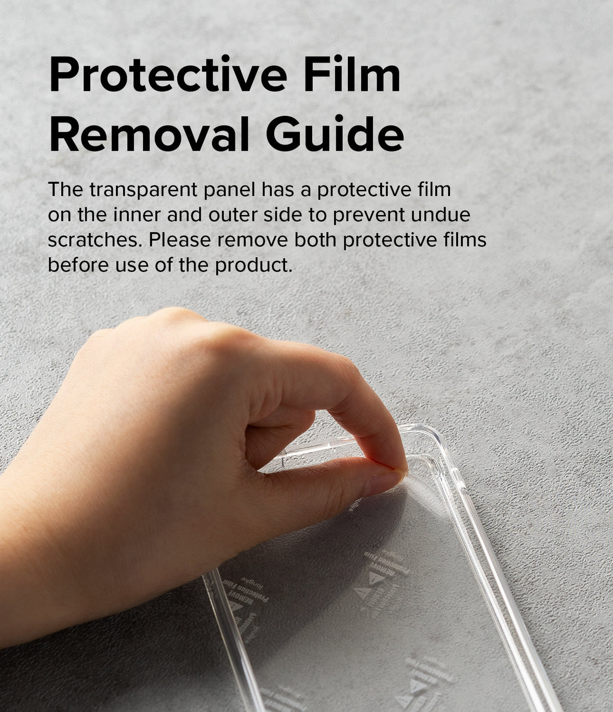 iPhone 14 Pro Max Case | Fusion Matte - Hand peeling a protective film off the clear back panel of a phone case.