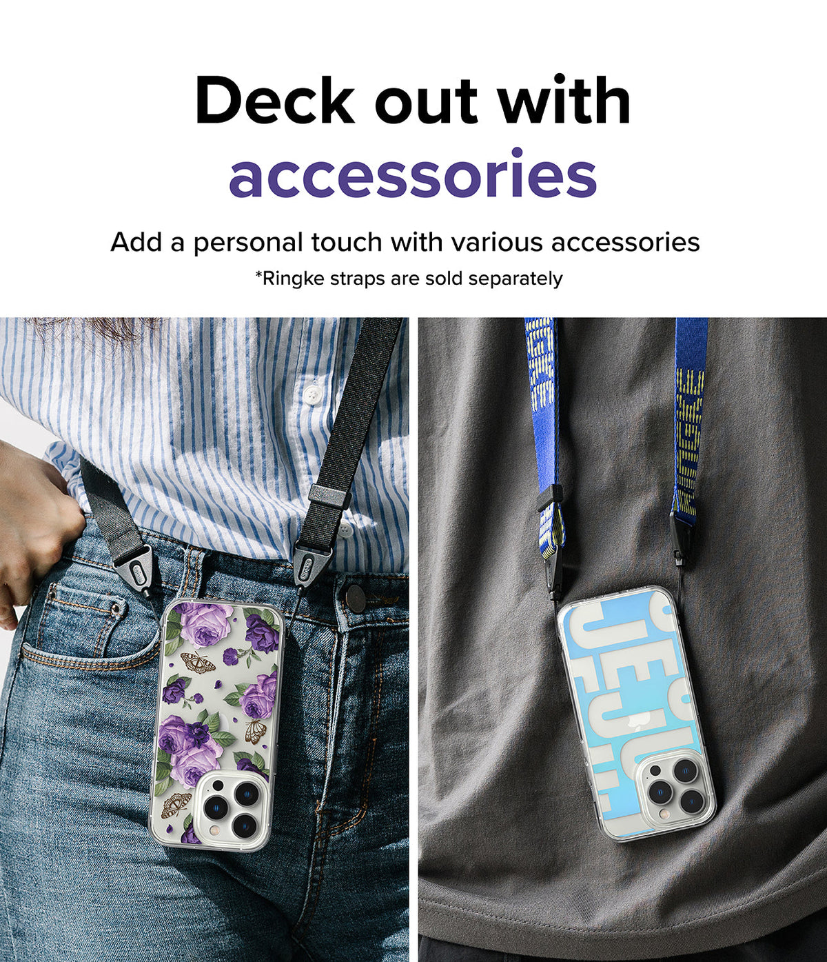 iPhone 14 Pro Max Case | Fusion Design - Two iPhone 14 Pro Max cases with floral and text designs attached to neck straps.