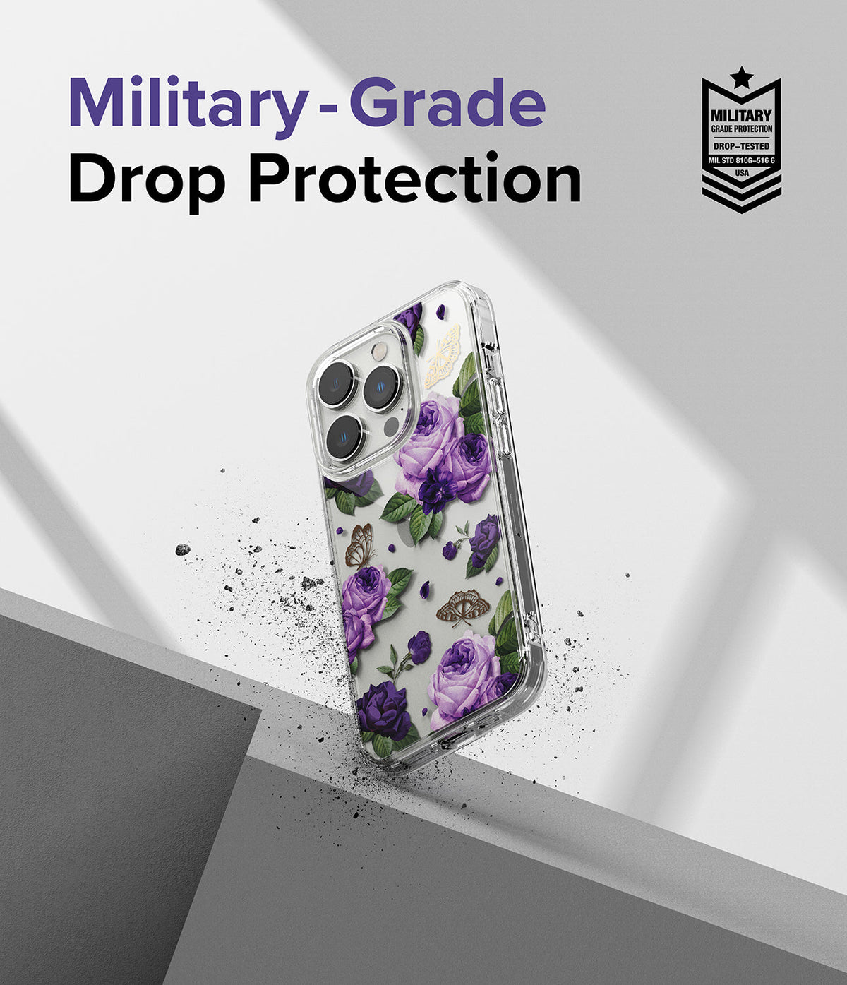 iPhone 14 Pro Max Case | Fusion Design - Clear phone case with purple roses and butterflies, featuring military-grade drop protection.
