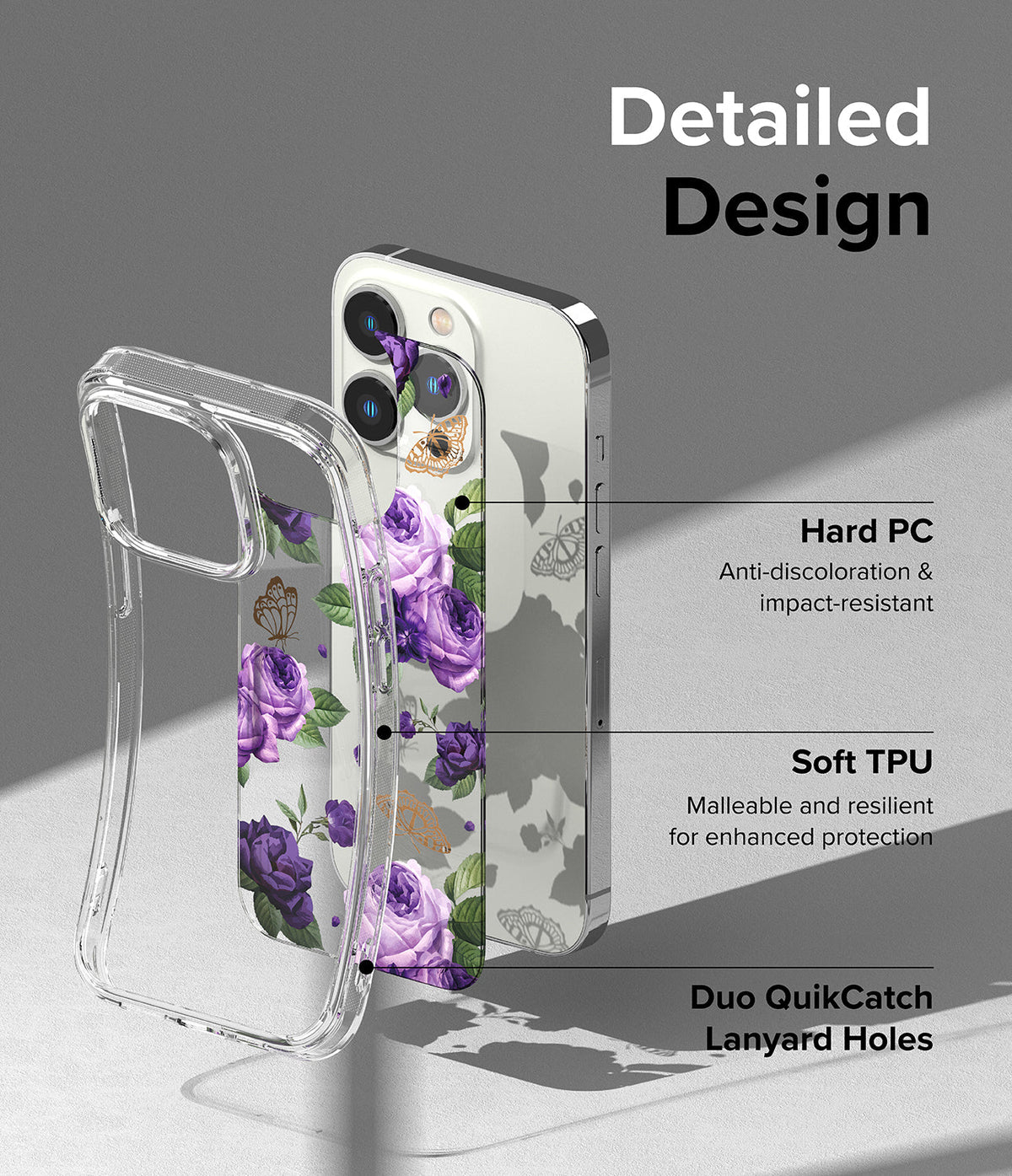 iPhone 14 Pro Max Case | Fusion Design - Clear phone case with purple rose and butterfly print, highlighting material features.