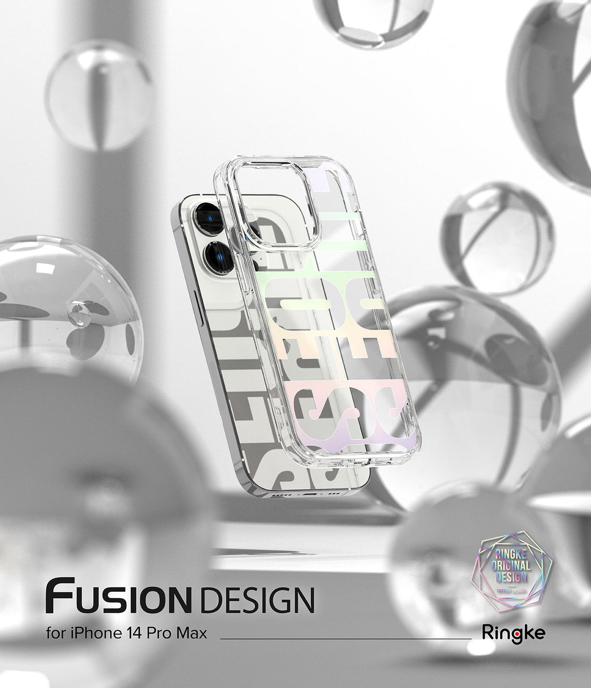 iPhone 14 Pro Max Case | Fusion Design - Clear phone case with pastel lettering floating among glass spheres.
