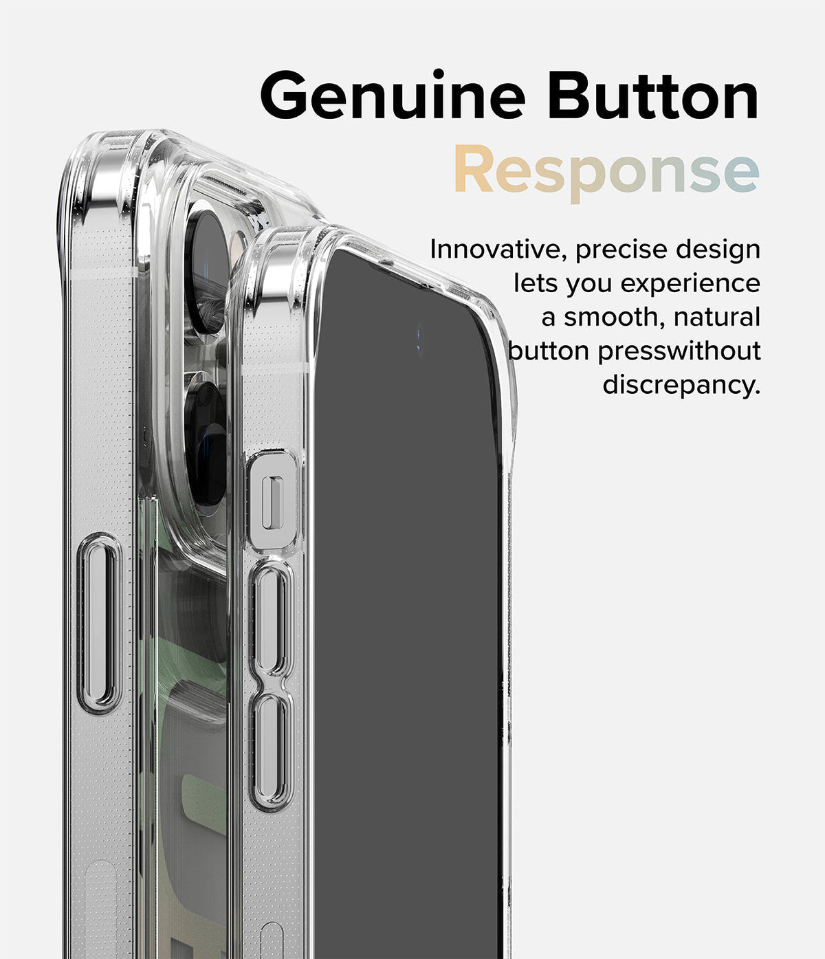 iPhone 14 Pro Case | Fusion Design - Close-up of a clear phone case highlighting precise, responsive side buttons.