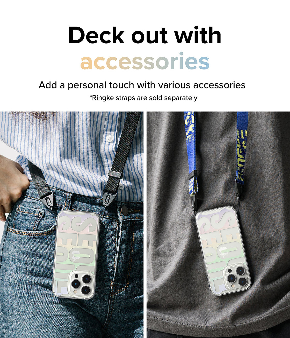 iPhone 14 Pro Case | Fusion Design - Two people wearing iPhone 14 Pro cases with colorful text designs attached to neck straps.