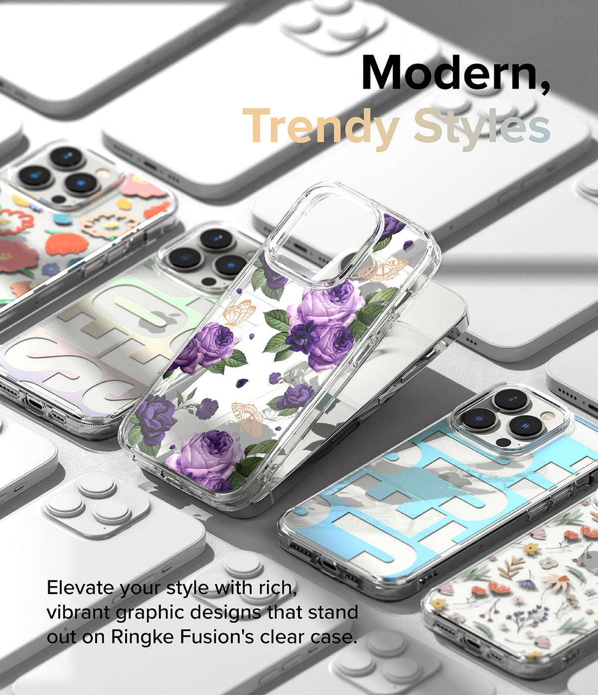 iPhone 14 Pro Case | Fusion Design - Clear phone cases with floral, butterfly, and geometric patterns displayed on white phones.