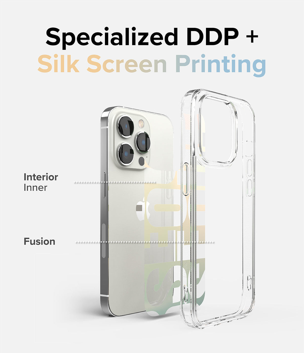 iPhone 14 Pro Max Case | Fusion Design - Exploded view of a clear phone case showing interior printing layers.