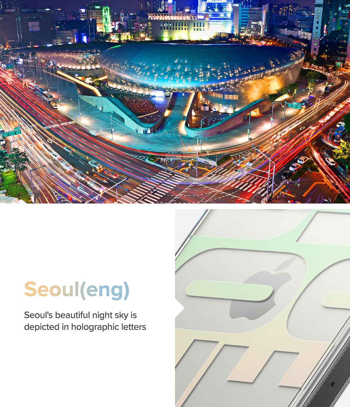 iPhone 14 Pro Max Case | Fusion Design - Seoul night cityscape above a phone case with holographic design elements.