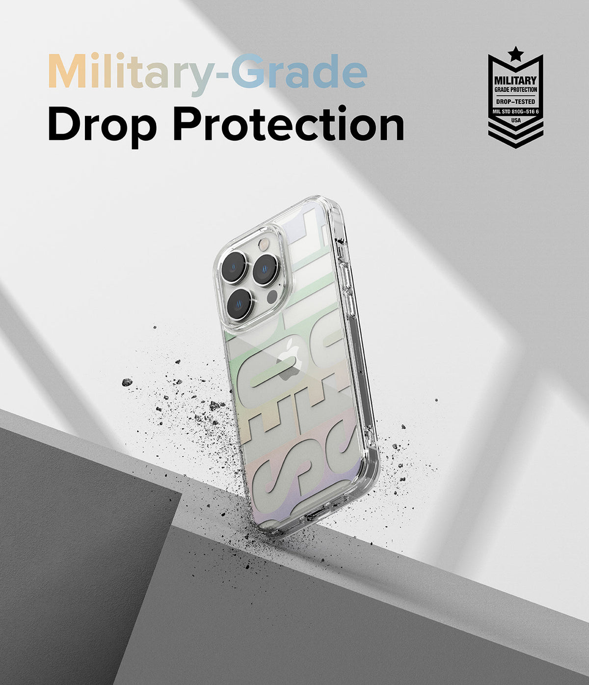 iPhone 14 Pro Case | Fusion Design - Clear phone case with geometric pattern, military-grade drop protection badge, and debris.