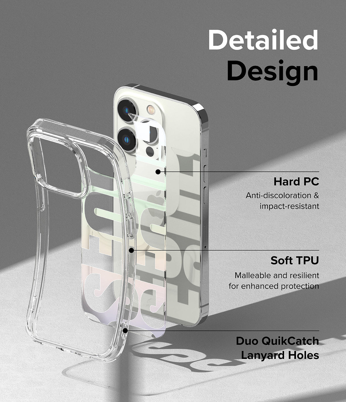 iPhone 14 Pro Max Case | Fusion Design - Clear phone case showing hard PC back, soft TPU frame, and lanyard holes.