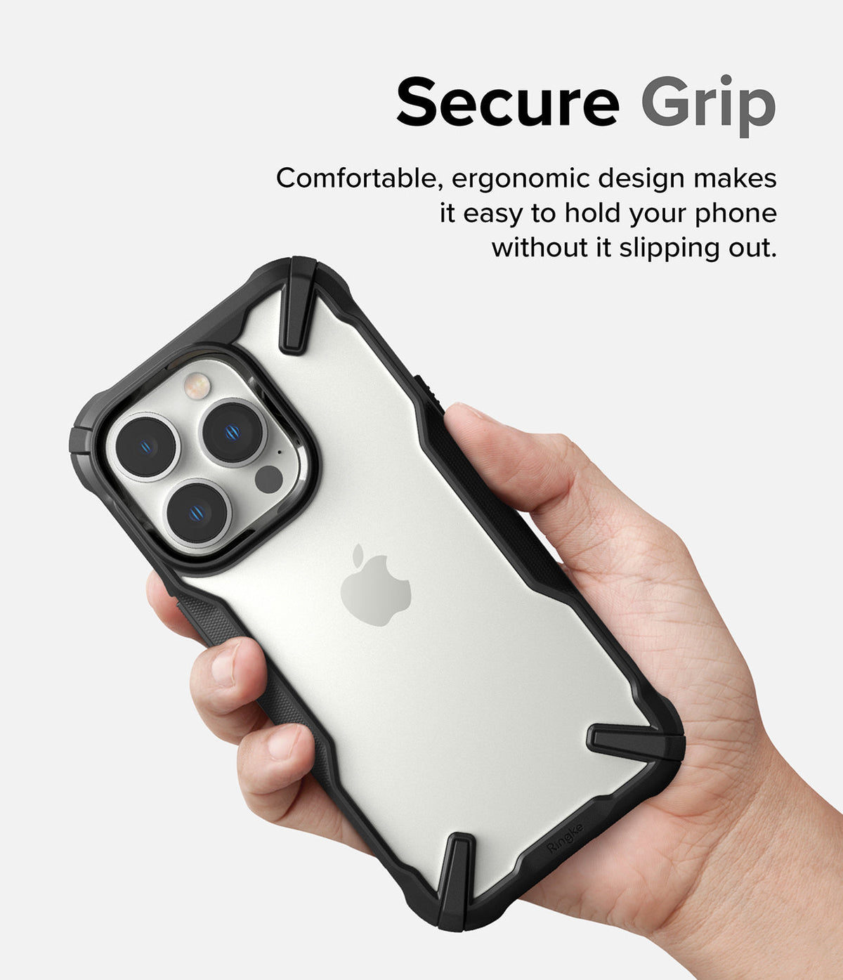 iPhone 14 Pro Max Case | Fusion-X - Hand holding a phone in a black, rugged, transparent Fusion-X case with text Secure Grip.