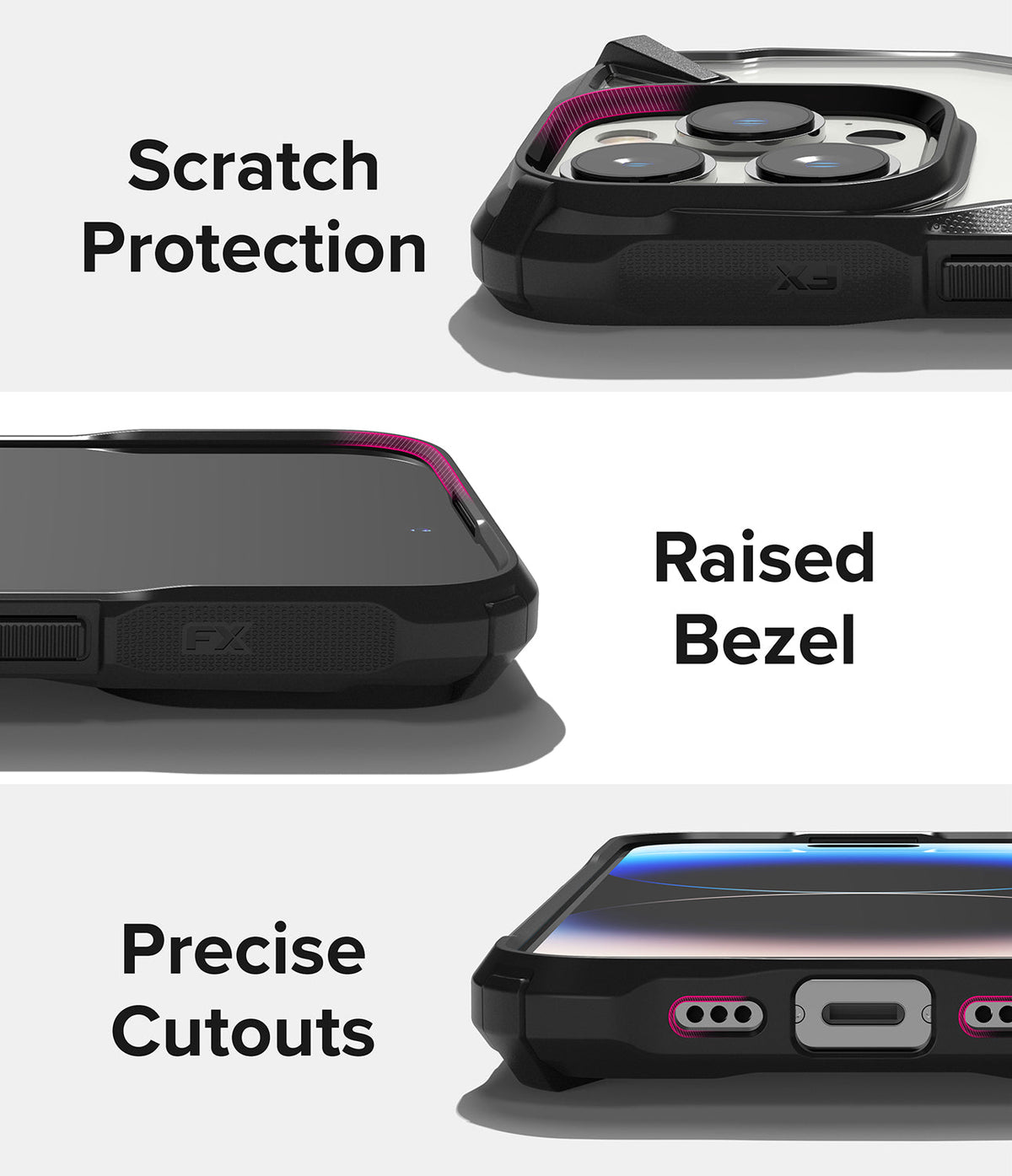 iPhone 14 Pro Max Case | Fusion-X - Close-ups of a black phone case highlighting camera protection, raised screen bezels, and precise port cutouts.