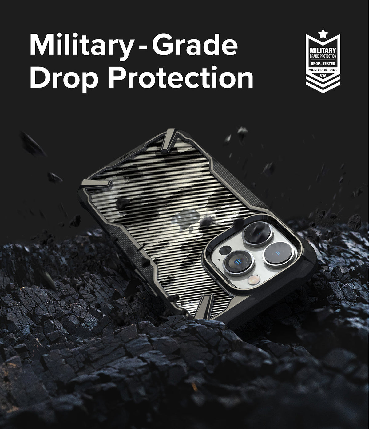 iPhone 14 Pro Max Case | Fusion-X - Camouflage phone case on dark, rocky terrain with military-grade drop protection text.
