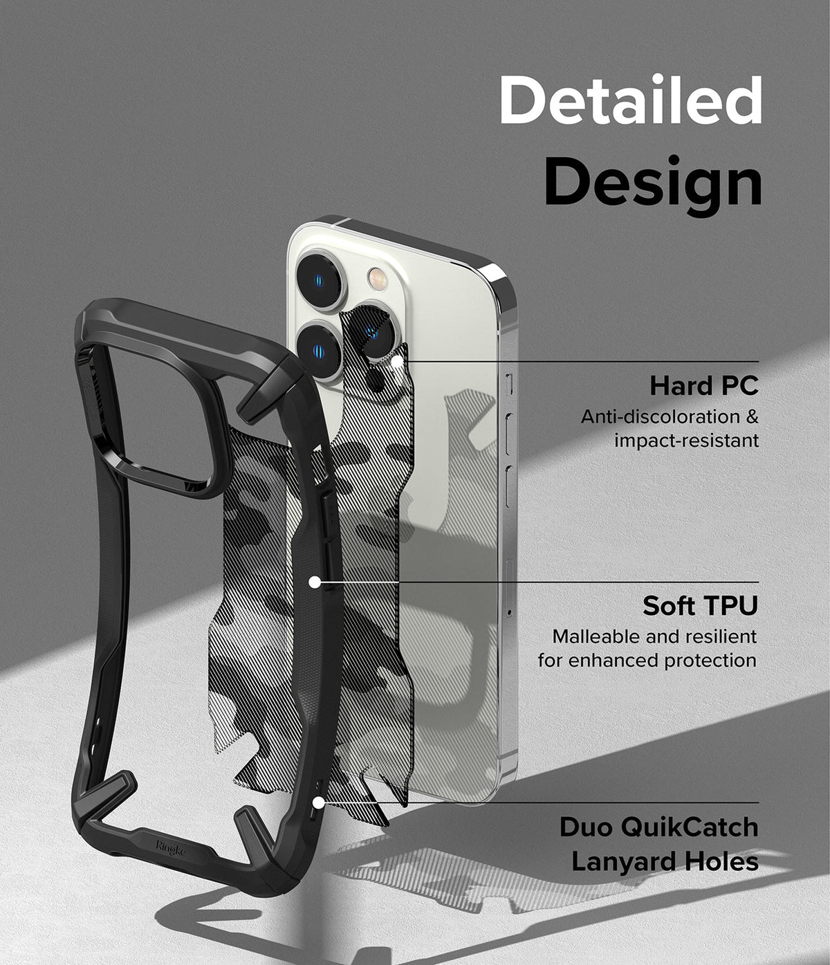 iPhone 14 Pro Max Case | Fusion-X - Exploded view of phone case showing hard PC, soft TPU, and lanyard hole features.