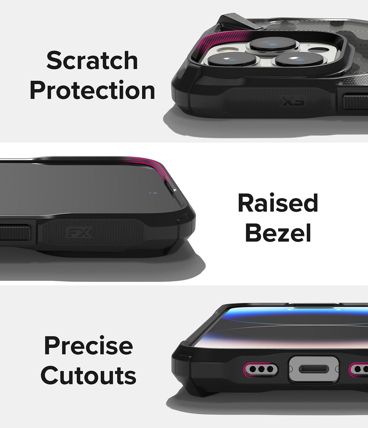 iPhone 14 Pro Max Case | Fusion-X - Close-ups showing raised bezels for camera and screen protection and precise port cutouts.