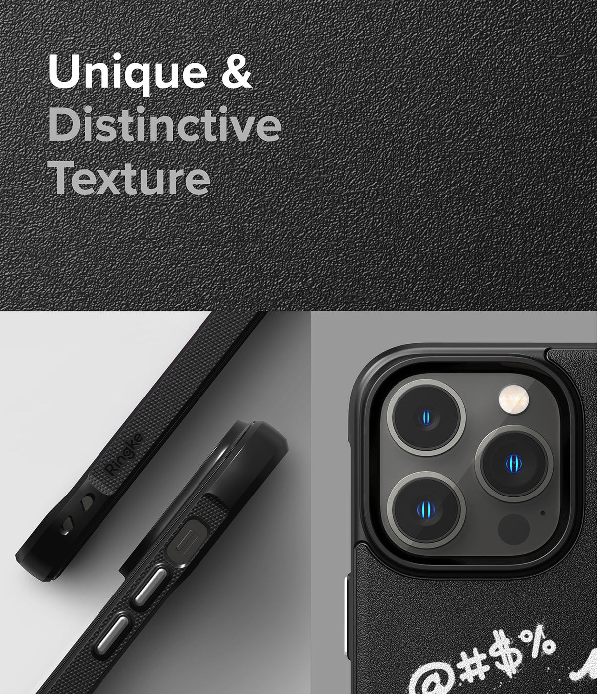 iPhone 14 Pro Max Case | Onyx Design - Textured black phone case showing side buttons and triple-lens camera module.