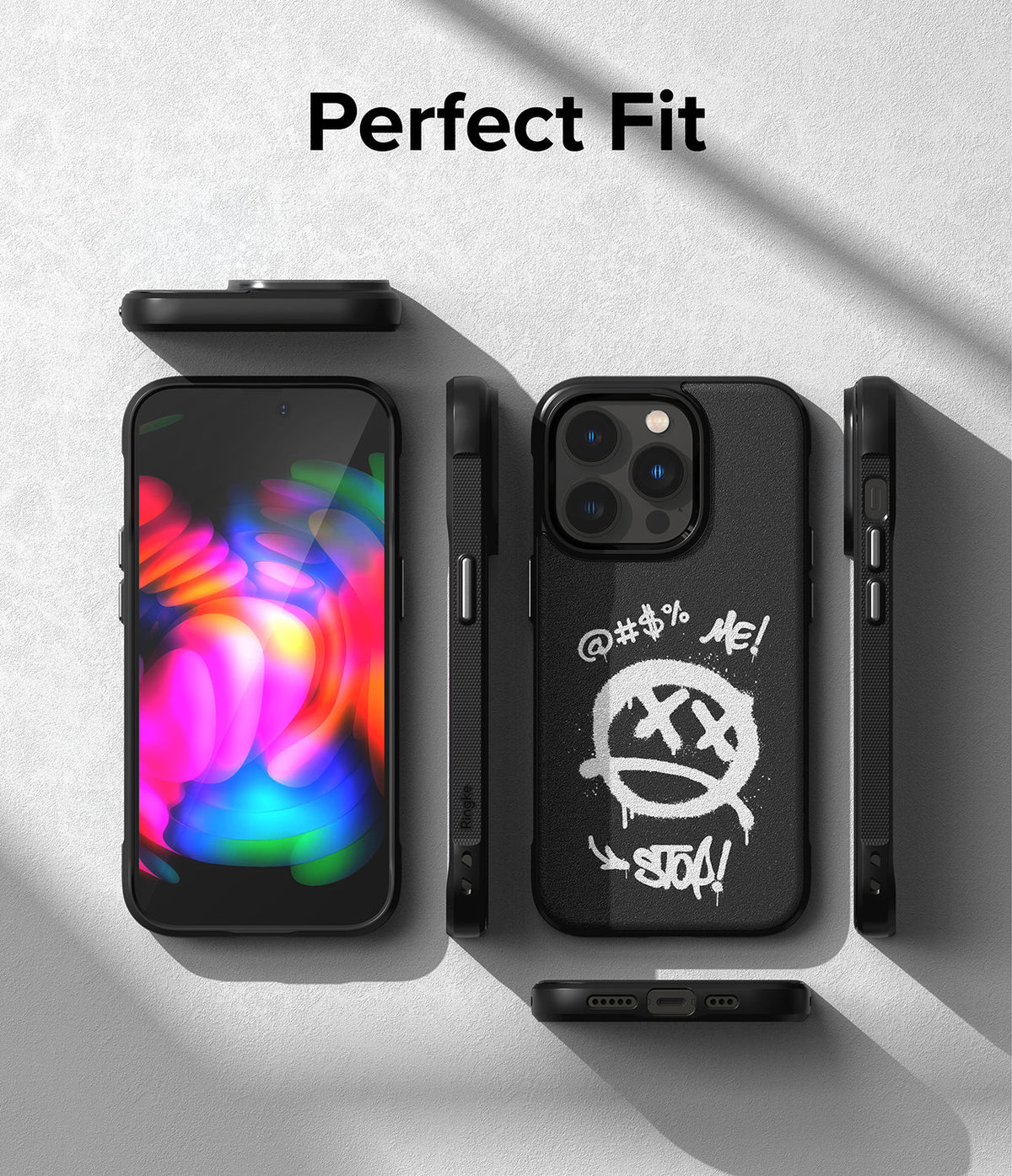 iPhone 14 Pro Max Case | Onyx Design - Black phone case with graffiti art displayed from multiple angles.