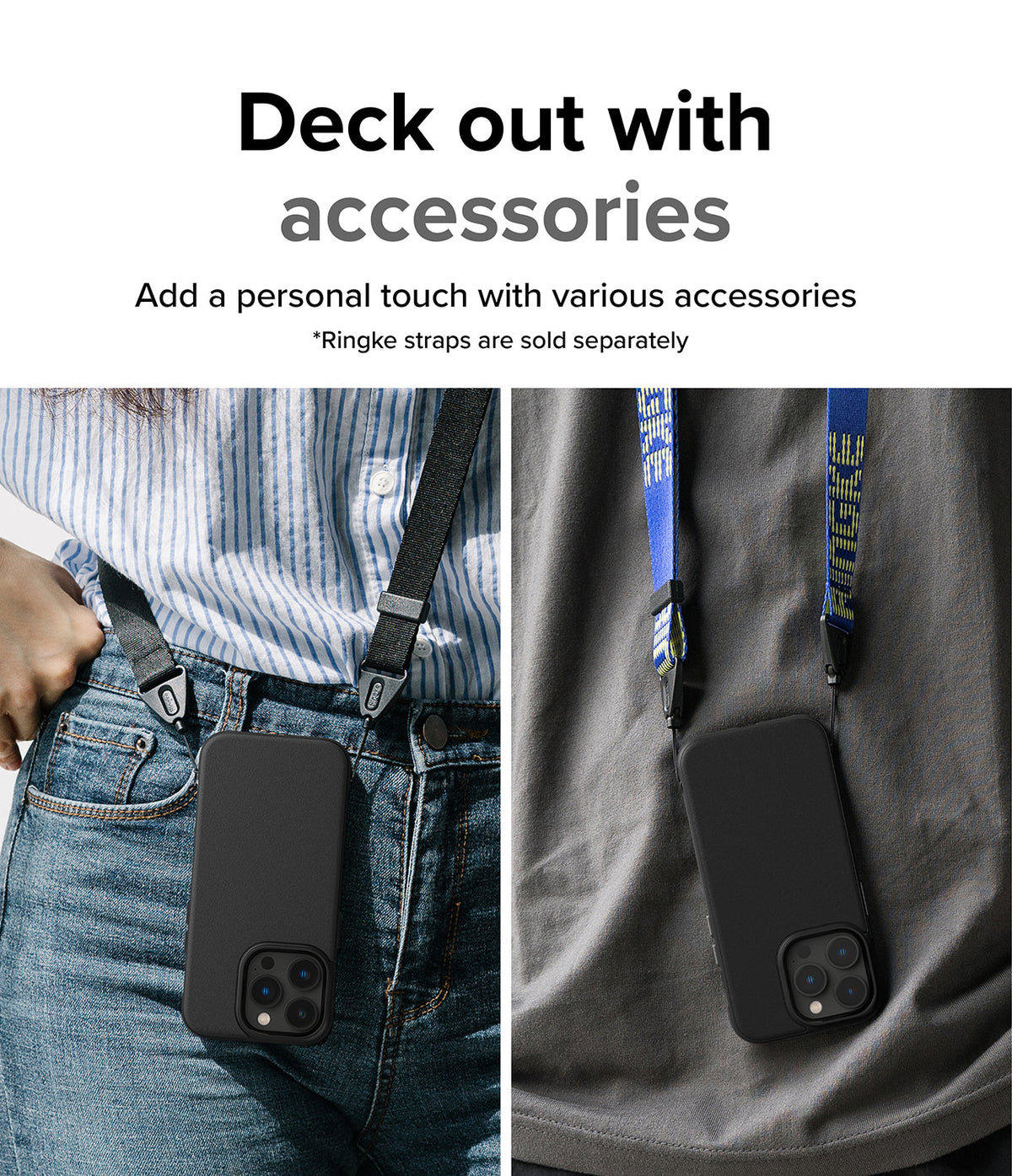 iPhone 14 Pro Max Case | Onyx - Two people wearing black phone cases attached to colorful neck straps.