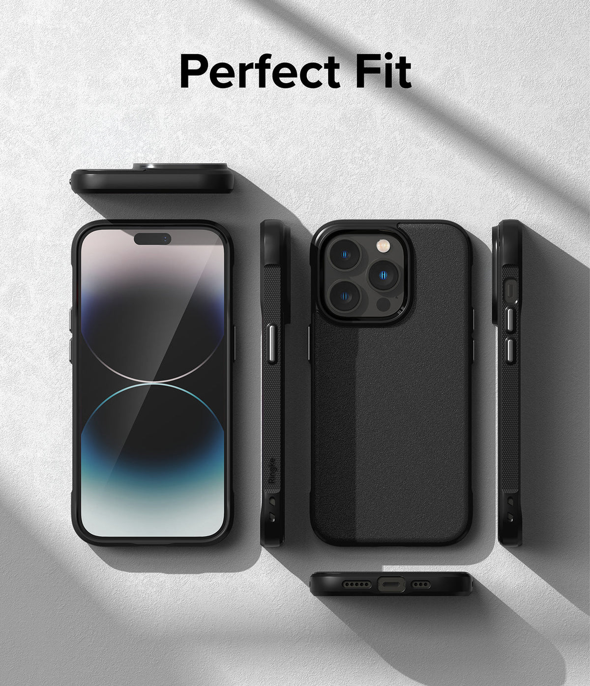 iPhone 14 Pro Max Case | Onyx - Black phone case shown from front, back, and sides on a textured gray background.
