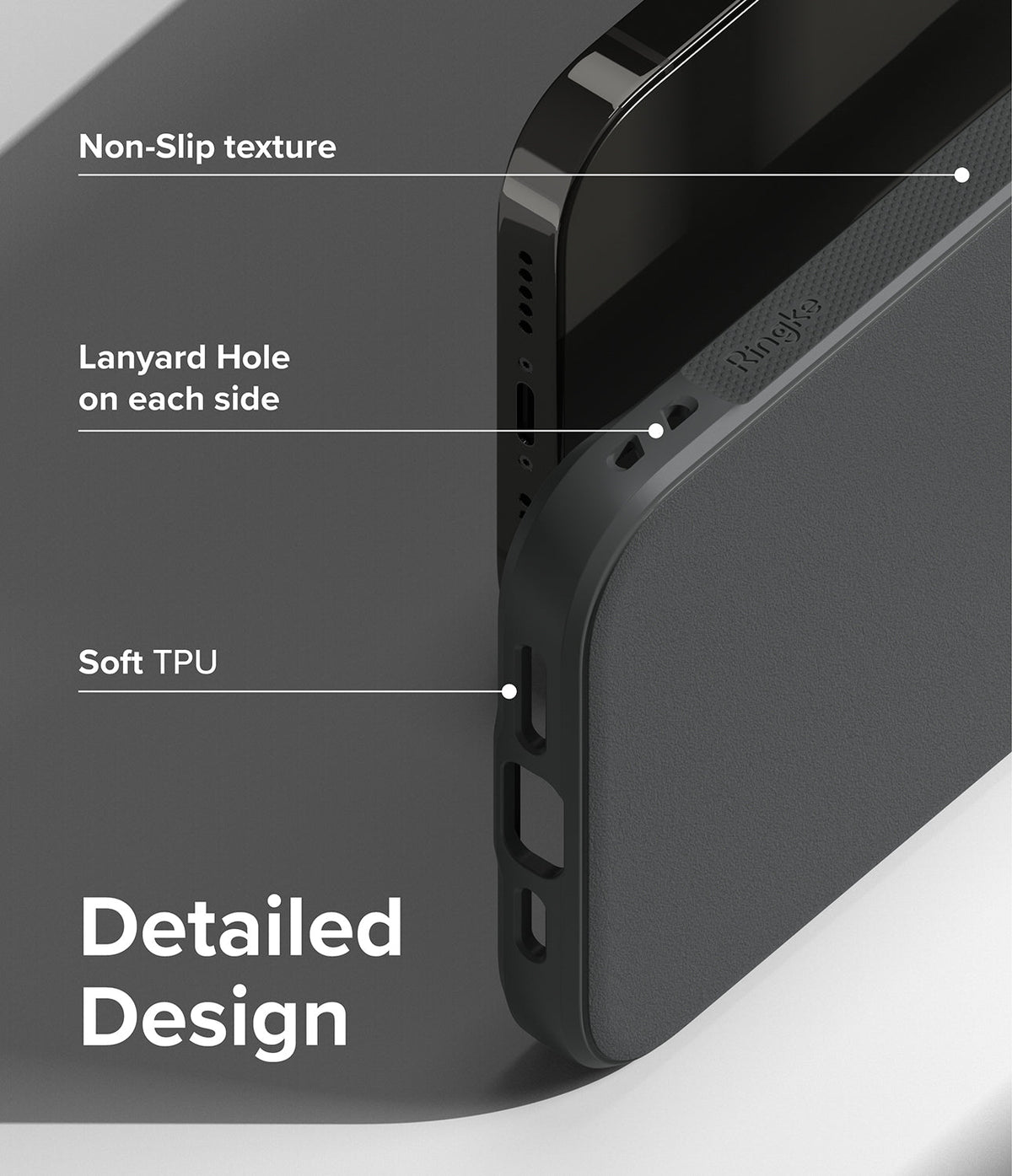 iPhone 14 Pro Max Case | Onyx - Close-up of black phone case highlighting non-slip texture, lanyard holes, and soft TPU material.