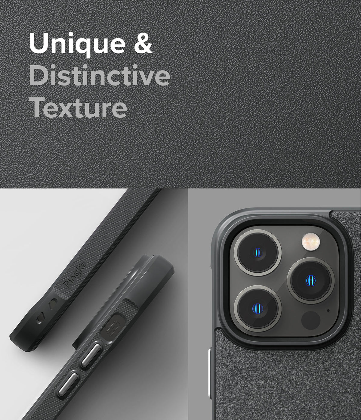 iPhone 14 Pro Max Case | Onyx - Close-up of a matte black phone case showing textured grip and camera lens protection.