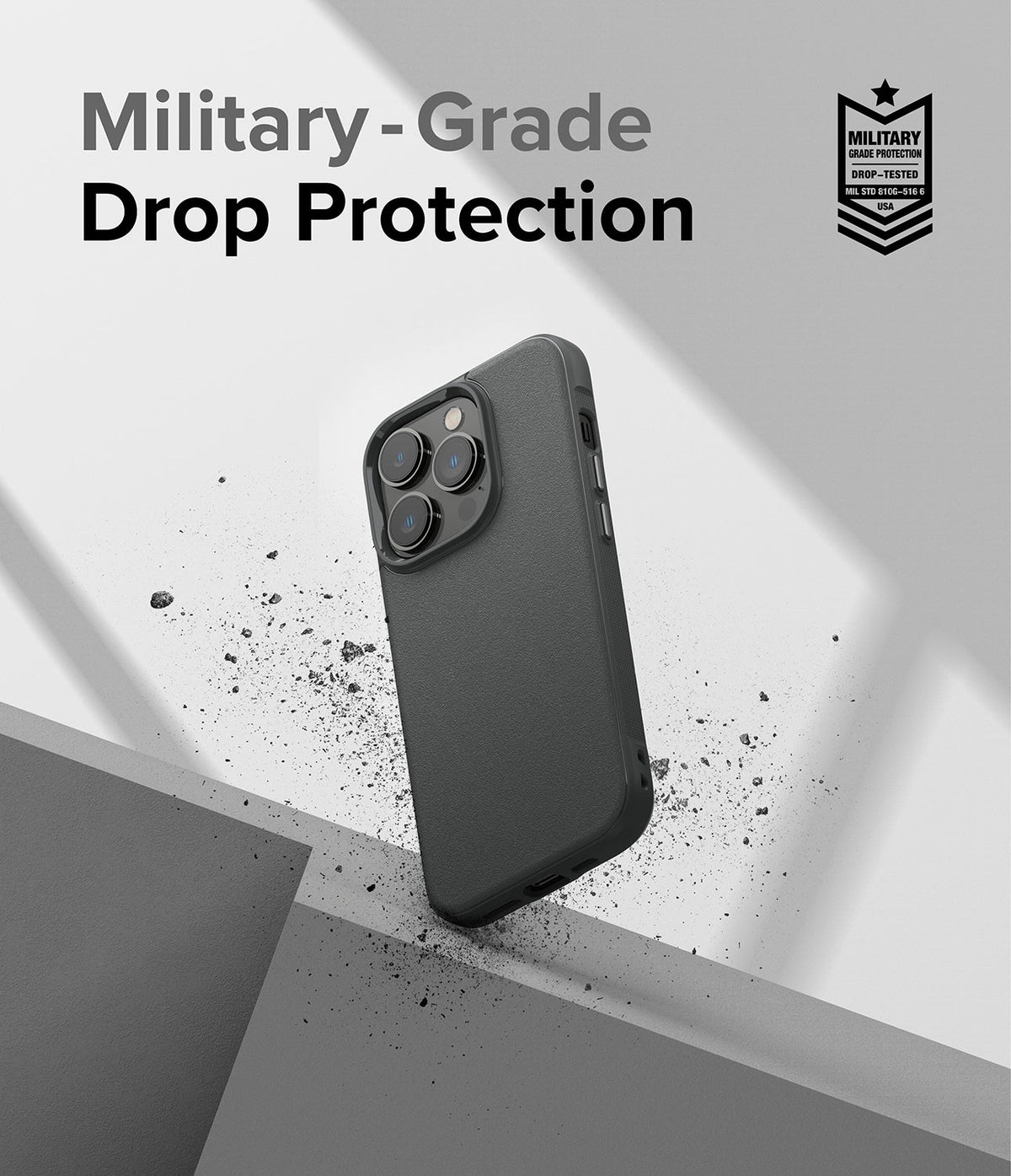 iPhone 14 Pro Max Case | Onyx - Black phone case floating above geometric blocks with debris and military-grade protection text.