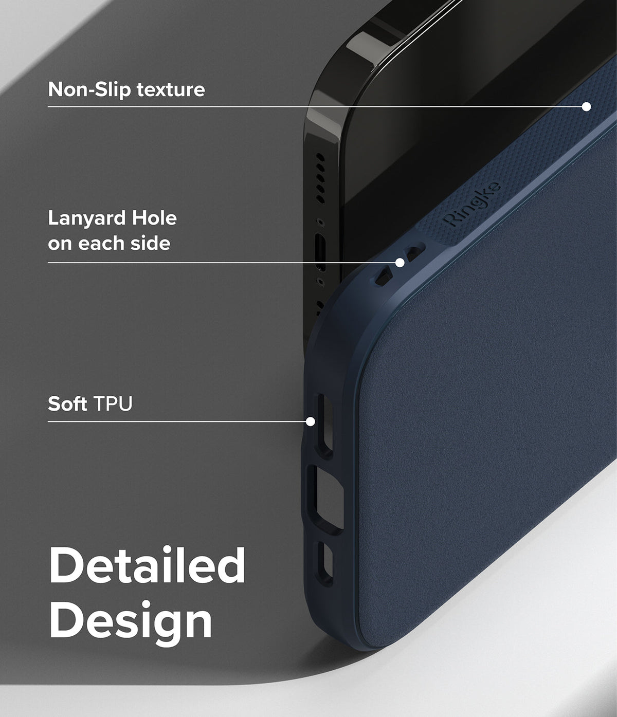 iPhone 14 Pro Max Case | Onyx - Close-up of blue phone case highlighting non-slip texture, lanyard holes, and soft TPU.