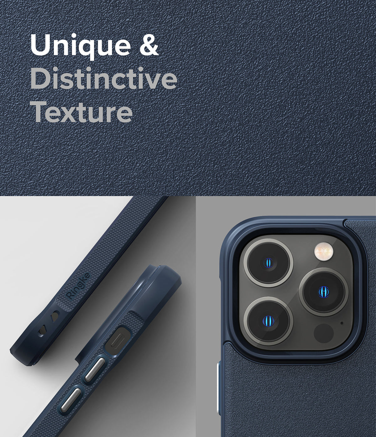 iPhone 14 Pro Max Case | Onyx - Navy blue phone case with textured surface, side buttons, and camera lens protection.