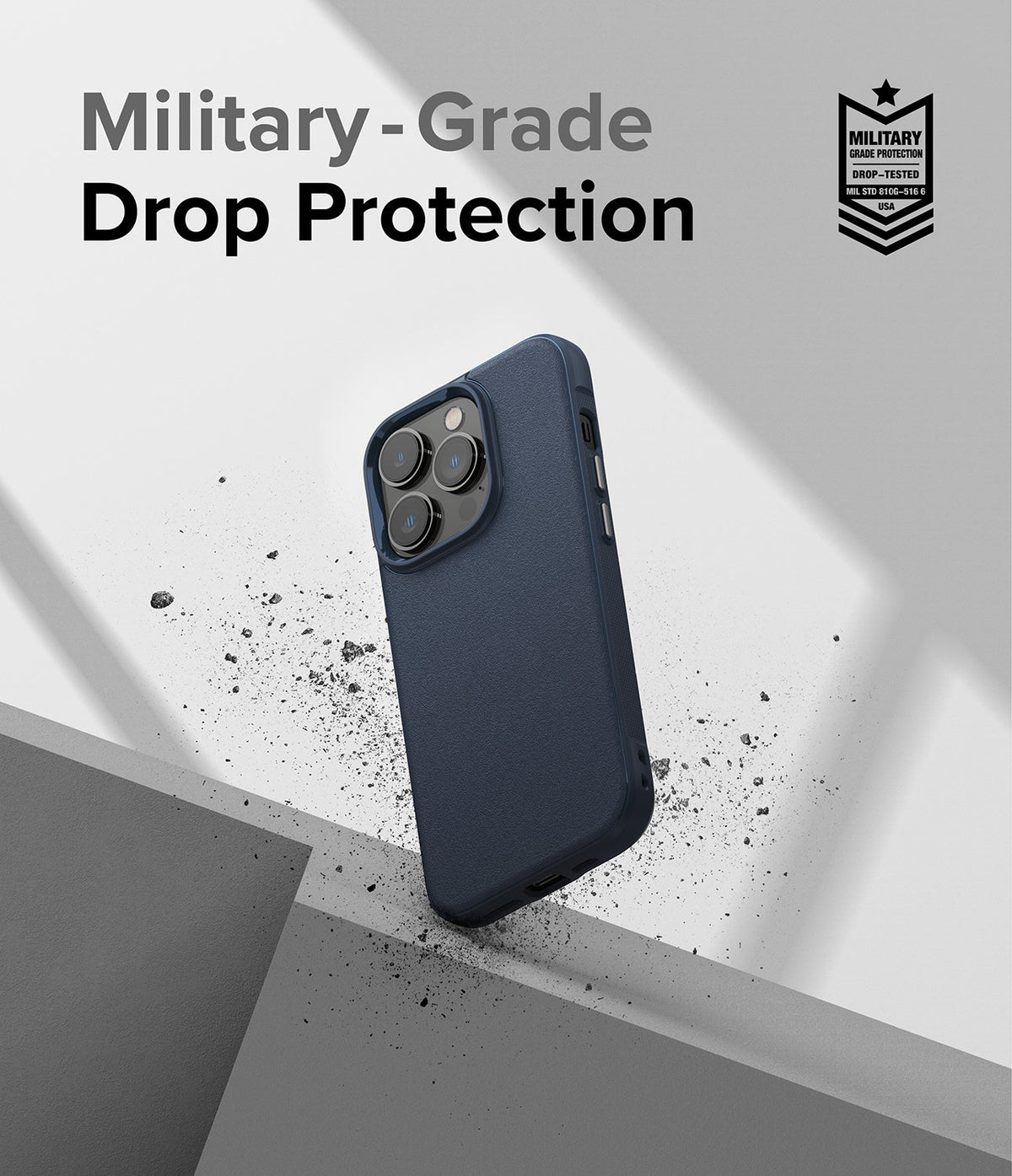 iPhone 14 Pro Max Case | Onyx - Navy phone case floating above concrete with debris and military-grade protection text.