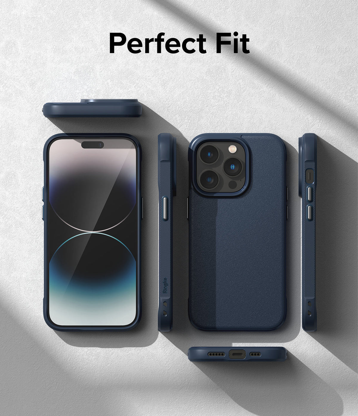 iPhone 14 Pro Max Case | Onyx - Navy blue phone case shown from multiple angles on a textured gray background.