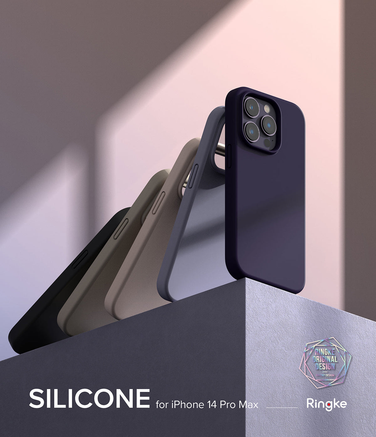 iPhone 14 Pro Max Case | Silicone - Four silicone phone cases in black, tan, and purple standing on a gray block.