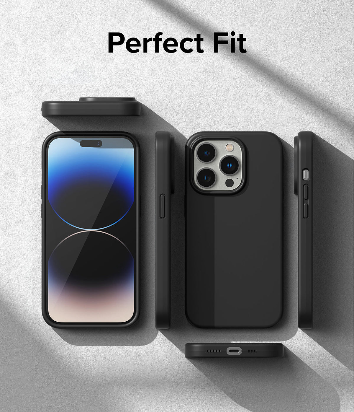 iPhone 14 Pro Max Case | Silicone - Black silicone case shown from multiple angles around an iPhone 14 Pro Max.