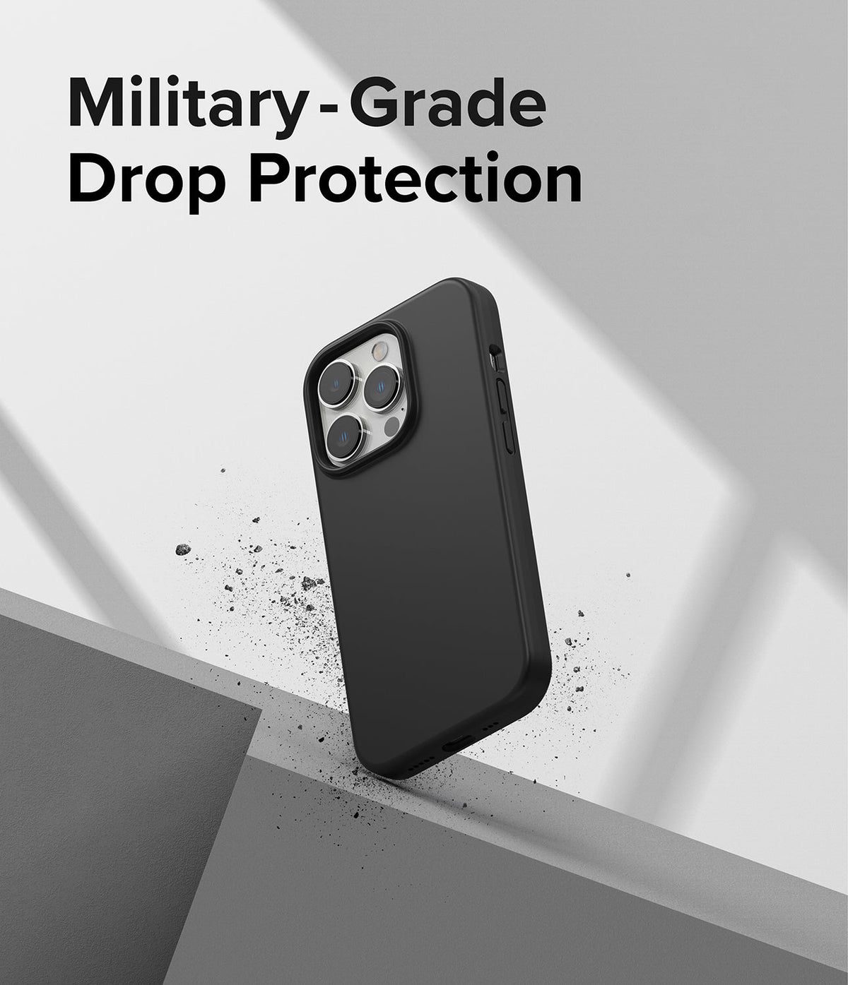 iPhone 14 Pro Max Case | Silicone - Black silicone phone case hovering above a concrete edge with debris and text overlay.