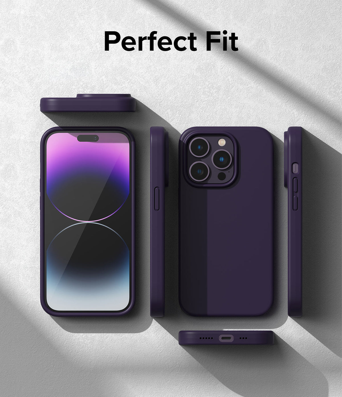 iPhone 14 Pro Max Case | Silicone - Purple silicone case shown from multiple angles around an iPhone 14 Pro Max.
