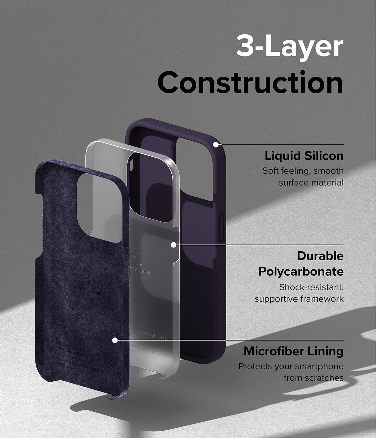 iPhone 14 Pro Max Case | Silicone - Exploded view showing liquid silicone, polycarbonate, and microfiber lining layers.