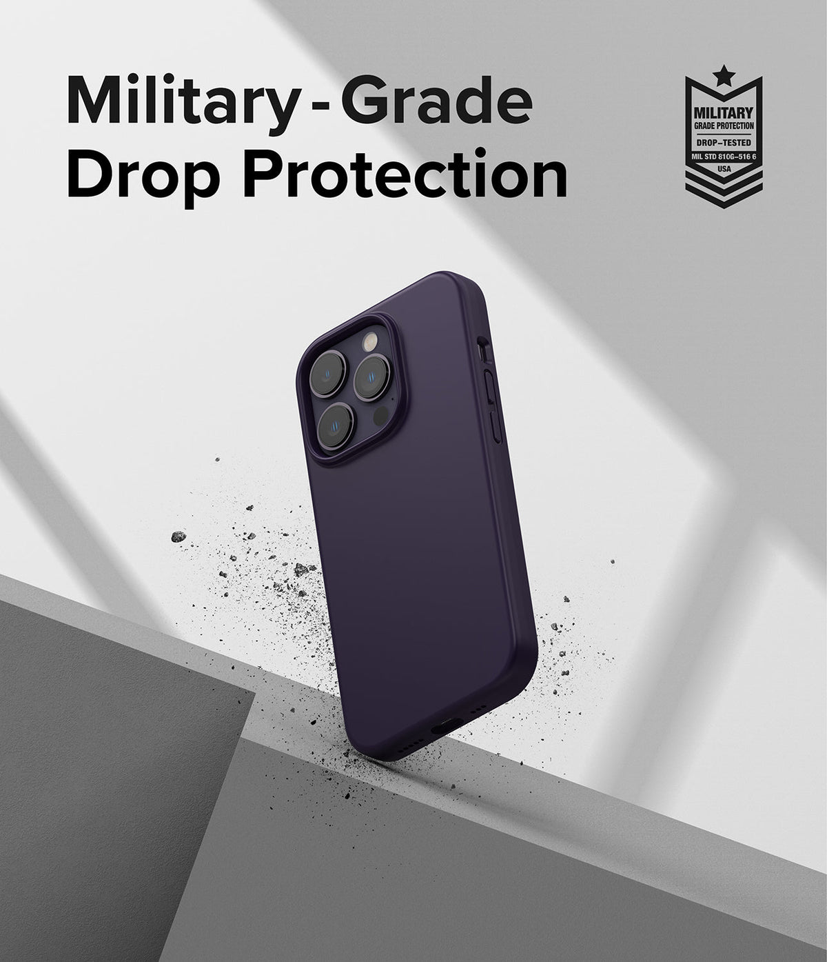 iPhone 14 Pro Max Case | Silicone - Purple silicone phone case floating above a gray surface with debris and military-grade protection text.