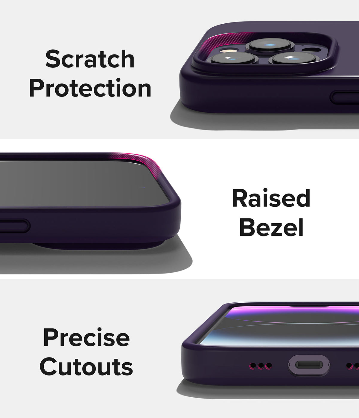 iPhone 14 Pro Max Case | Silicone - Close-ups showing raised camera protection, screen bezel, and precise port cutouts.